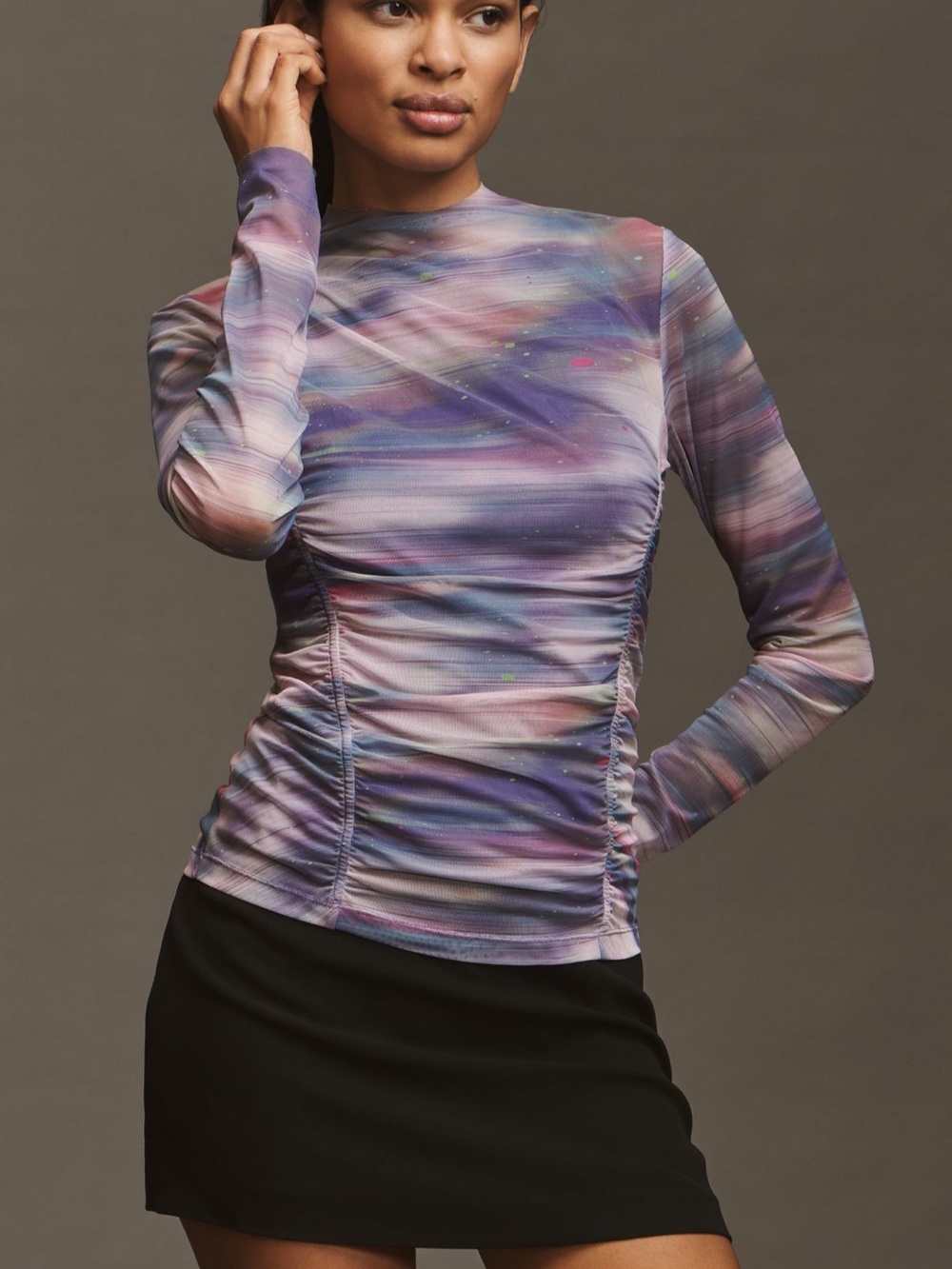 Anthropologie Lavender Multi Ruched Long-Sleeve Mesh Top
